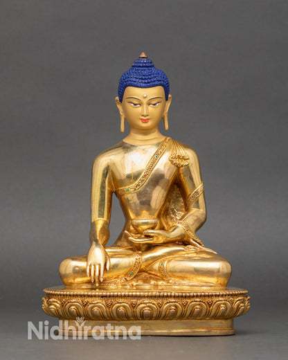 Front-view-Shakyamuni-Buddha-statue-handcrafted-Nepalese-copper-gold-gilded