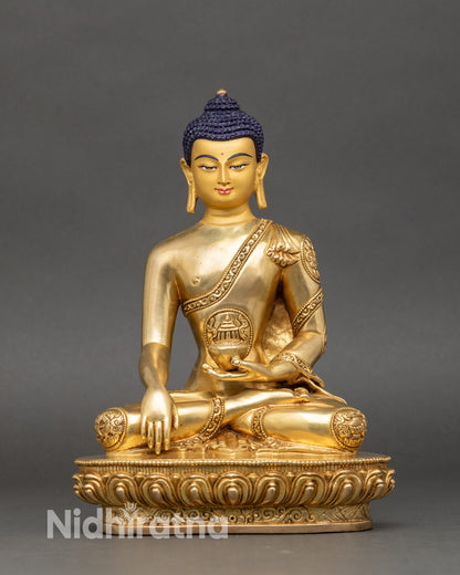 Front-view-Shakyamuni-Buddha-statue-handmade-Nepalese-copper-gold-fire-gilded-sacred-decor
