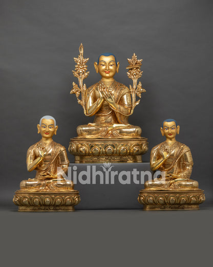 Front-view-Tsongkhapa-statue-set-with-Gyaltsab-Je-and-Khedrup-Je-handcrafted-Nepalese-Buddhist-sculptures