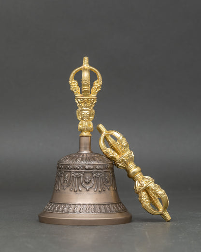 Front view of Vajra and Bell set bronze gold plated Dorje Ghanta Nepal ritual tools