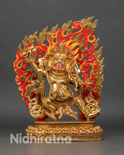 Front view of Vajrapani Statue handcrafted Nepal gold gilded turquoise coral stones protector deity
