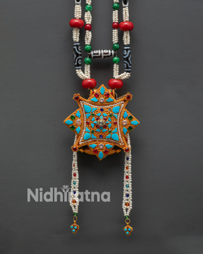 Front view of hand carved Ghau Mala Tibetan prayer necklace 24k gold plated emerald ruby coral turquoise