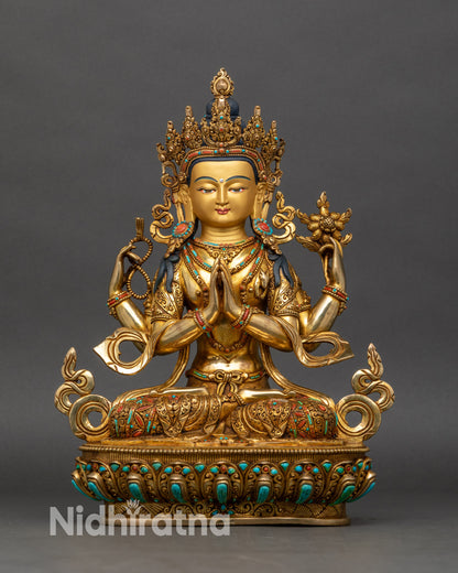 Front view of 4-Armed Chenrezig statue, fire-gilded copper with turquoise and coral