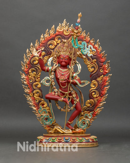 Front view of Dorje Phagmo Statue handcrafted copper red acrylic gold gilding Vajravarahi Nepal