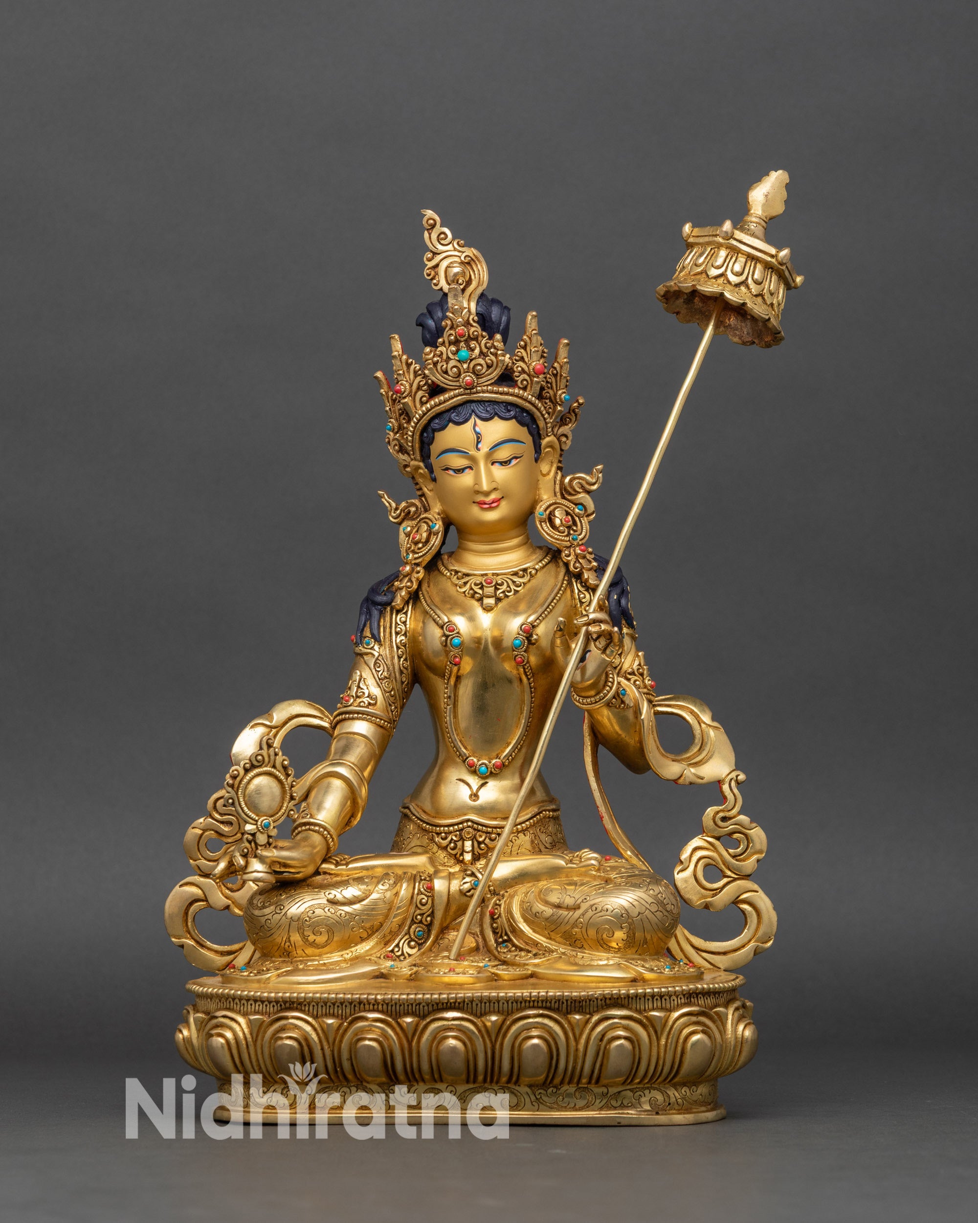 Front view of Dukar Sitatapatra statue, copper with 24K gold fire-gilded finish