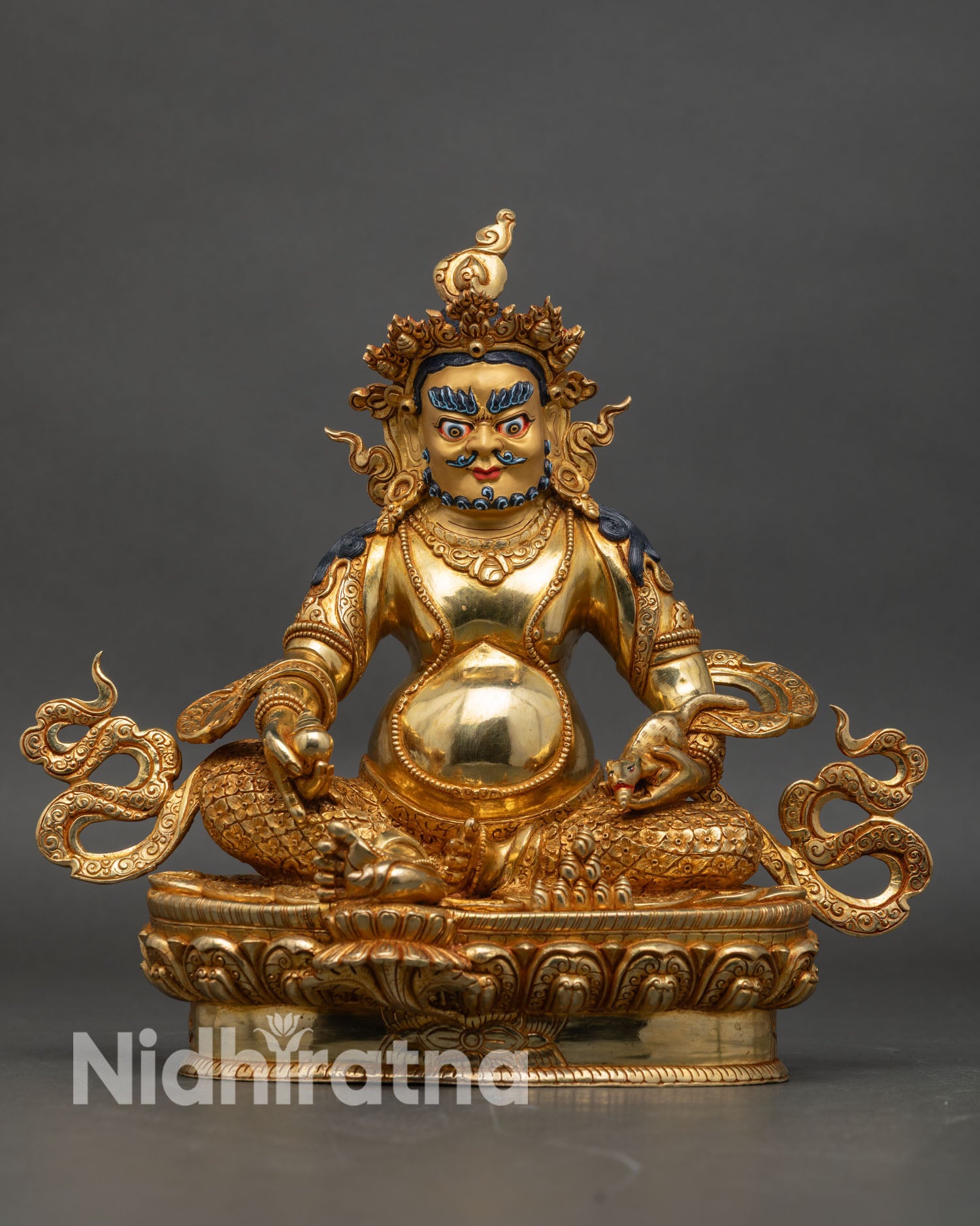 Front view of Dzambhala Statue gold fire-gilded copper Himalayan Buddhist God of Wealth