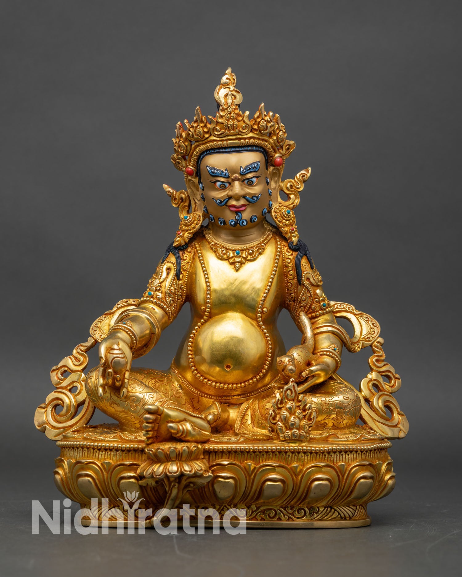 Front view of Dzambhala Wealth Deity Statue handcrafted copper gold fire-gilding coral turquoise Nepal