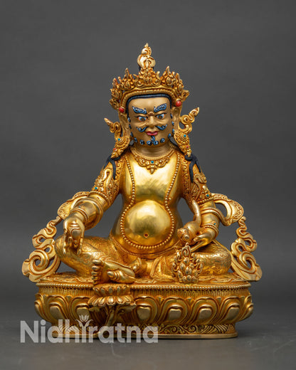 Front view of Dzambhala Wealth Deity Statue handcrafted copper gold fire-gilding coral turquoise Nepal