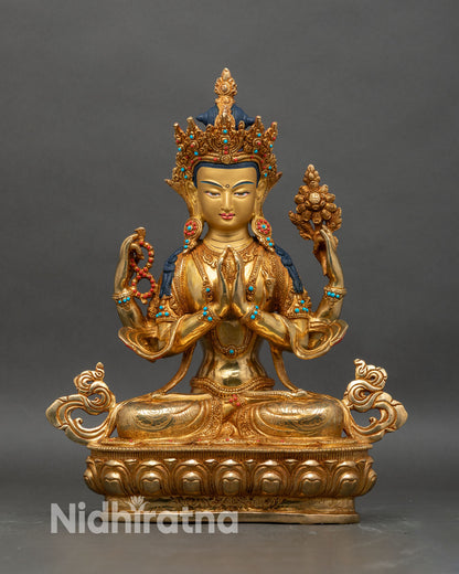 Front view of Four-Armed Avalokiteshvara statue, copper and gold fire-gilded Nepalese art