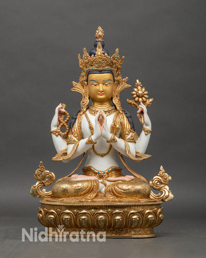 Front view of Four-Armed Chenrezig Buddha statue with gold-gilding and lotus-throne