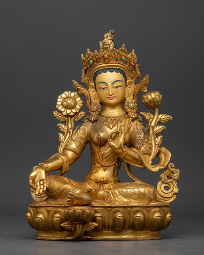 Front view of Green Tara Statue handcrafted Nepalese copper gold gilded lotus throne coral turquoise stones