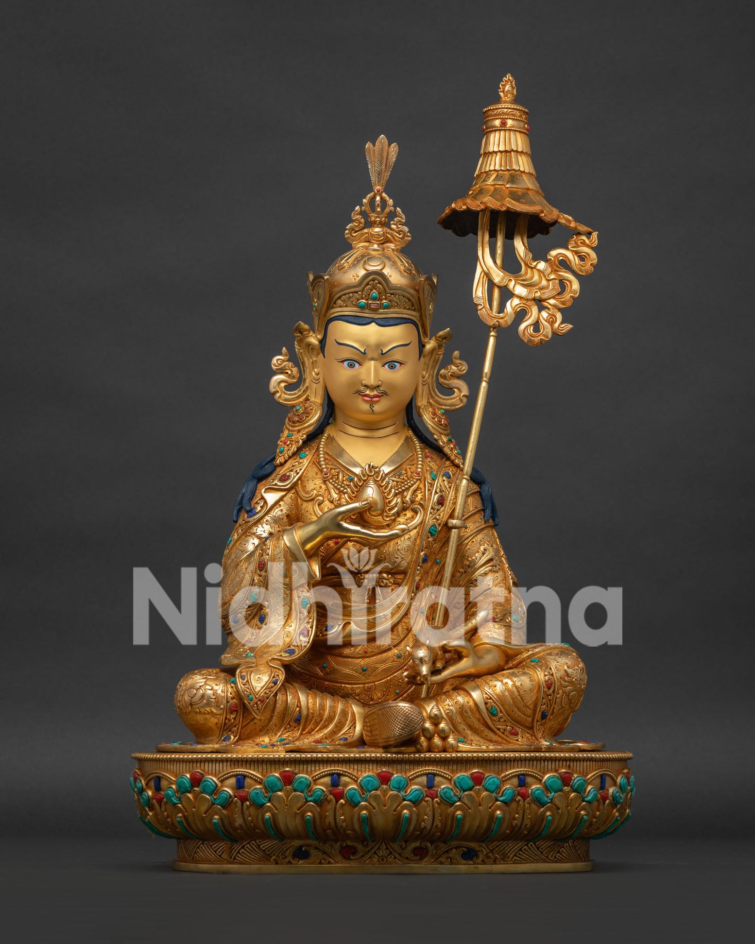 Front view of Guru Norlha statue, 24K gold fire-gilded copper, handcrafted by Newari artisans, Nepal