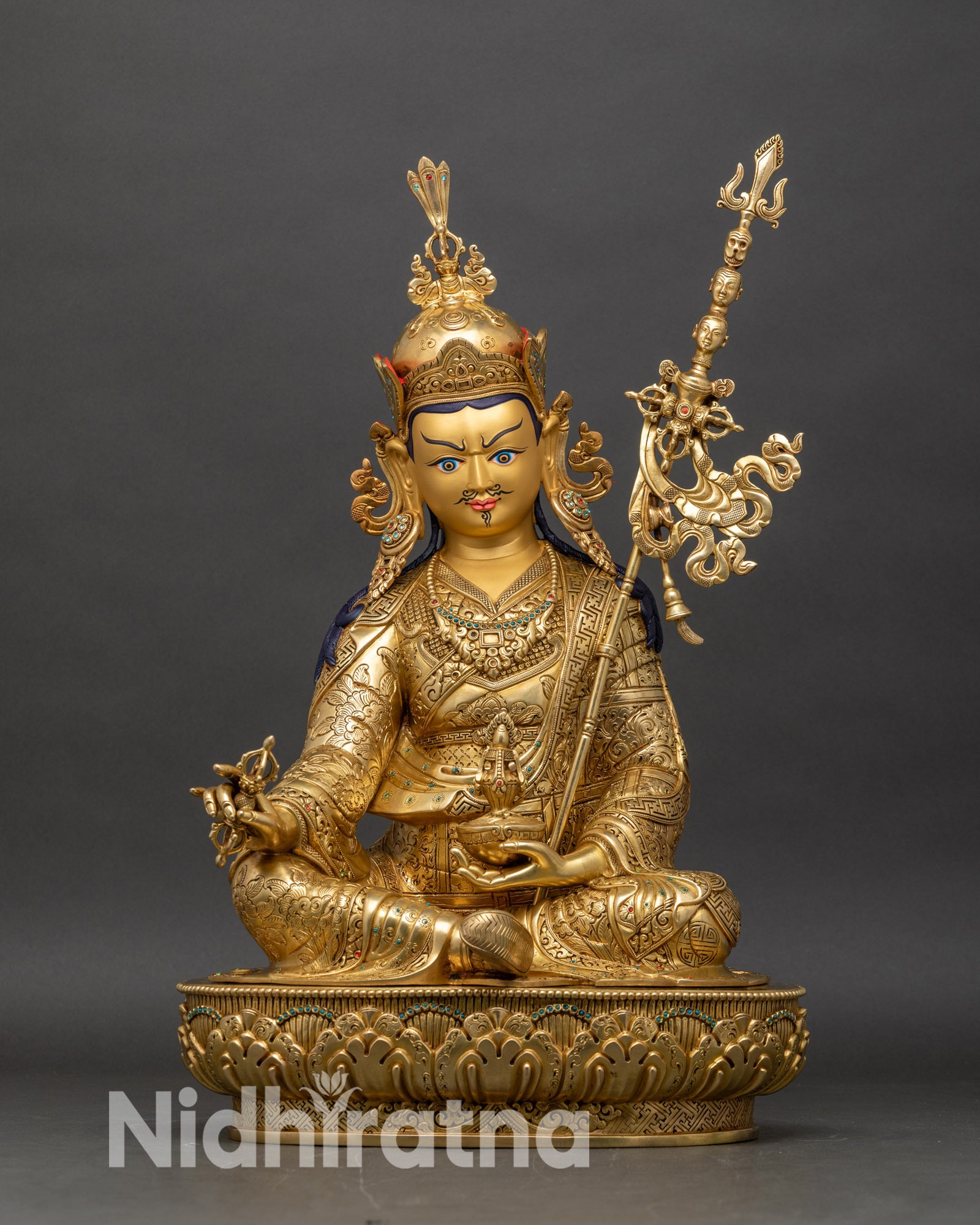 Front view of Guru Rinpoche statue, copper and 24K gold fire-gilded Buddhist art