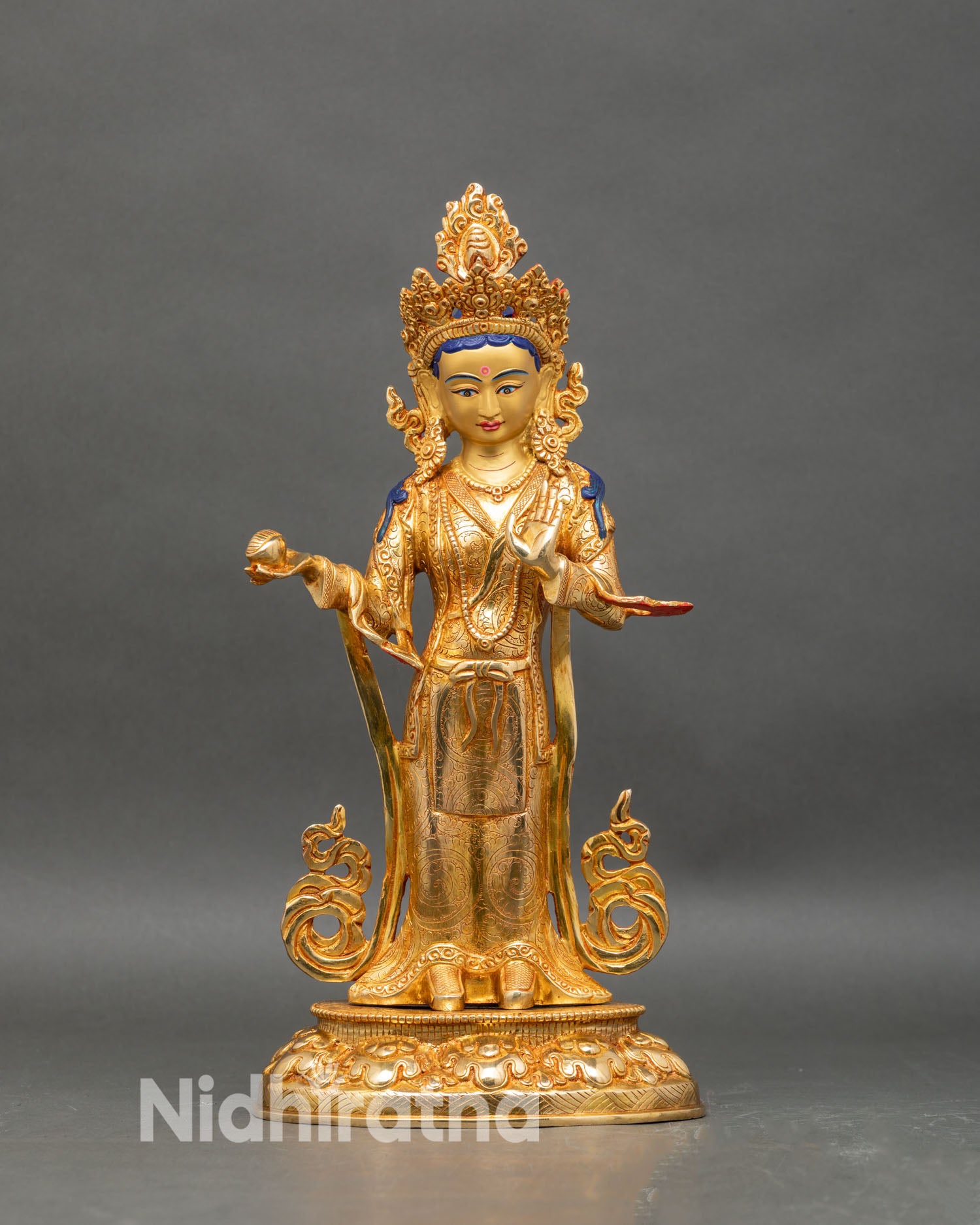 Front view of Mandarava statue, 24K gold-gilded copper, standing on lotus pedestal