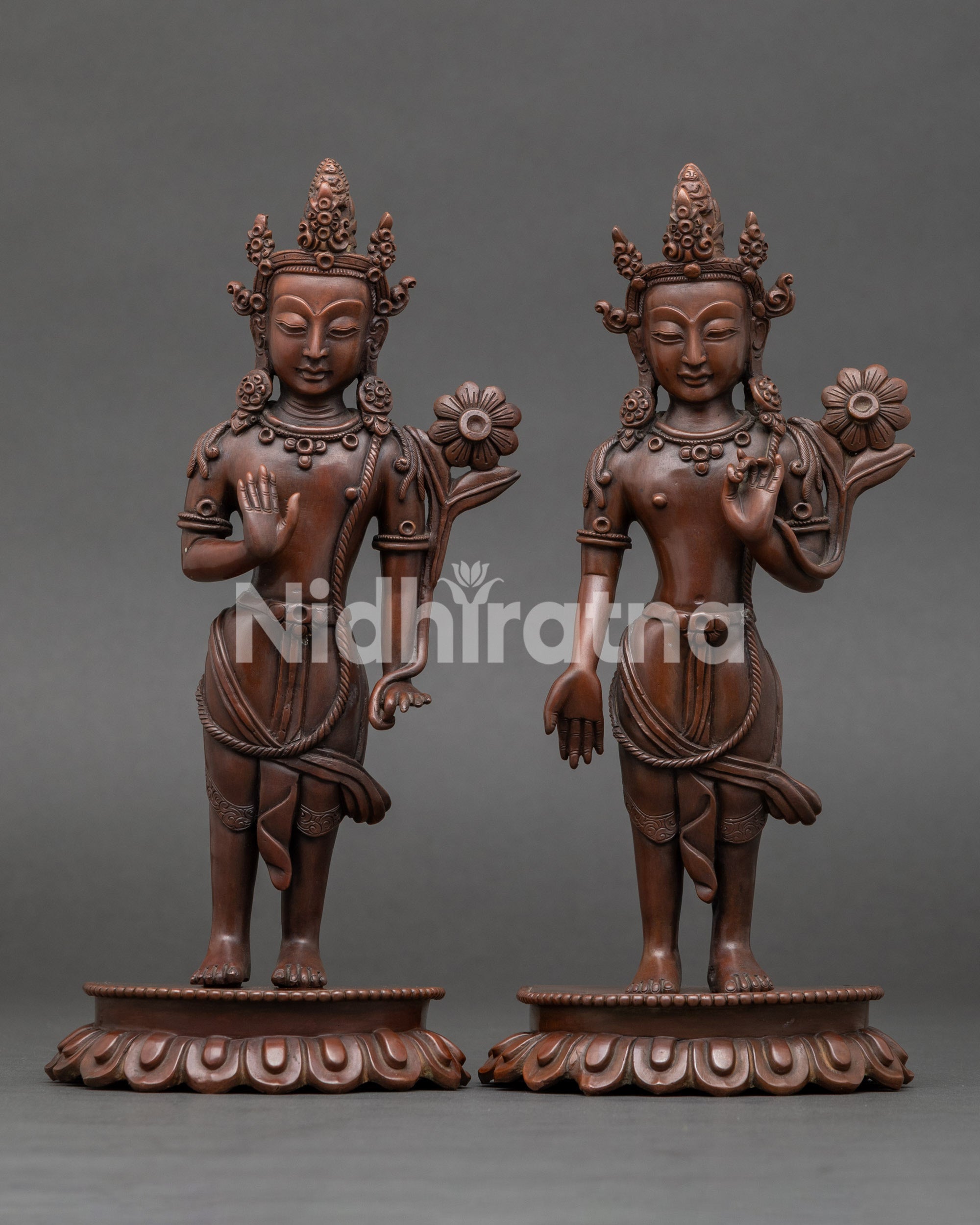 Front-view-of-Oxidized-Padmapani-Set-Statue-handcrafted-Nepalese-copper-Buddhist-twin-pair