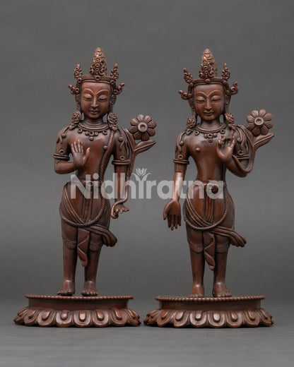 Front-view-of-Oxidized-Padmapani-Set-Statue-handcrafted-Nepalese-copper-Buddhist-twin-pair