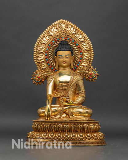Front view of Shakyamuni Buddha Statue handcrafted copper 24K gold fire-gilding turquoise coral Nepal