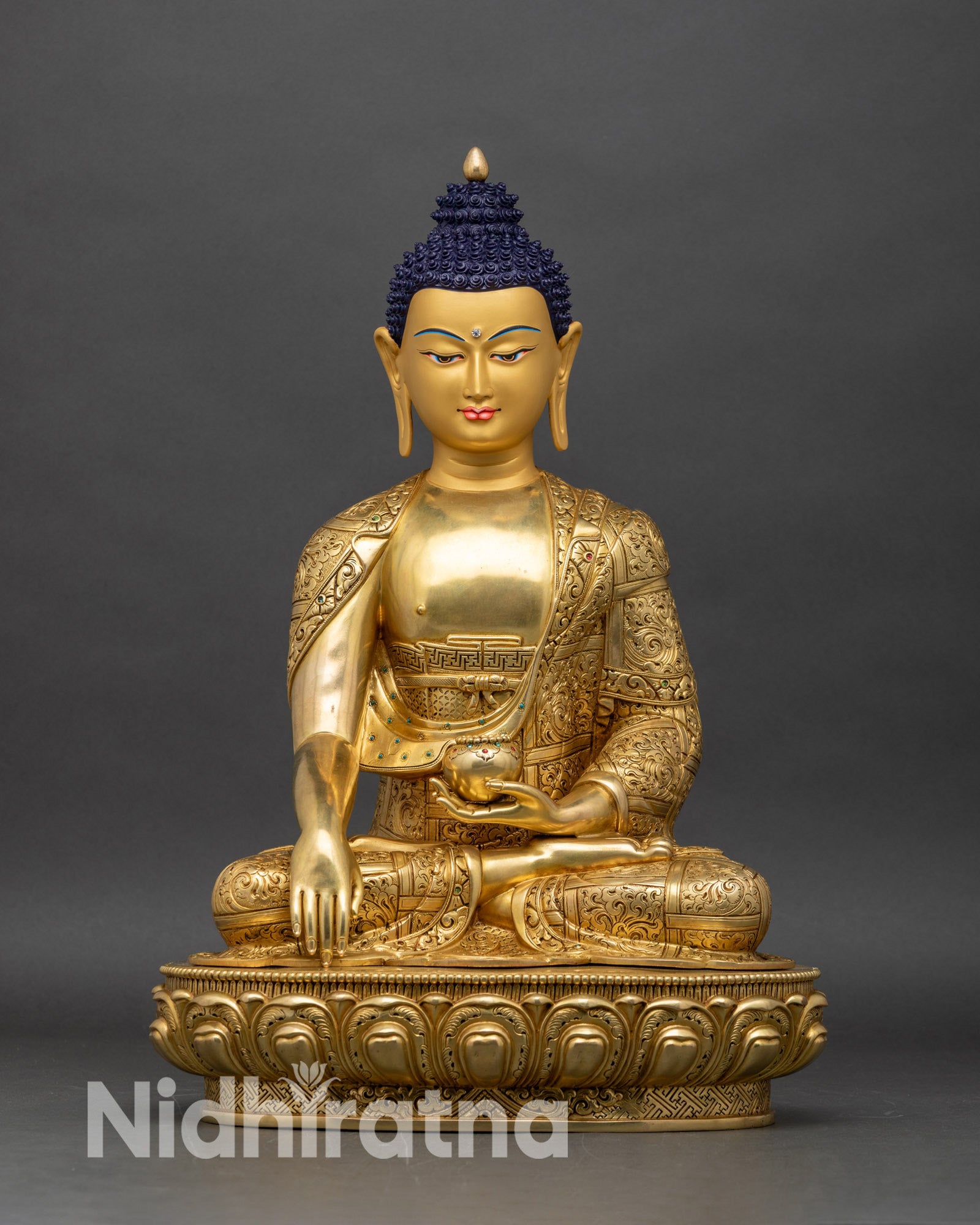Front view of Shakyamuni Buddha statue, handcrafted copper with 24K gold-gilded finish