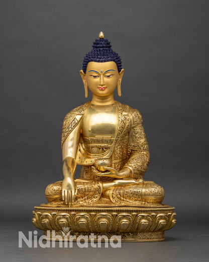 Front view of Shakyamuni Buddha statue, handcrafted copper with 24K gold-gilded finish