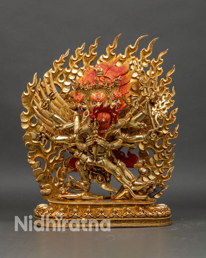 Front view of Vajrakilaya Statue handcrafted copper gold fire-gilding three faces six arms Nepal