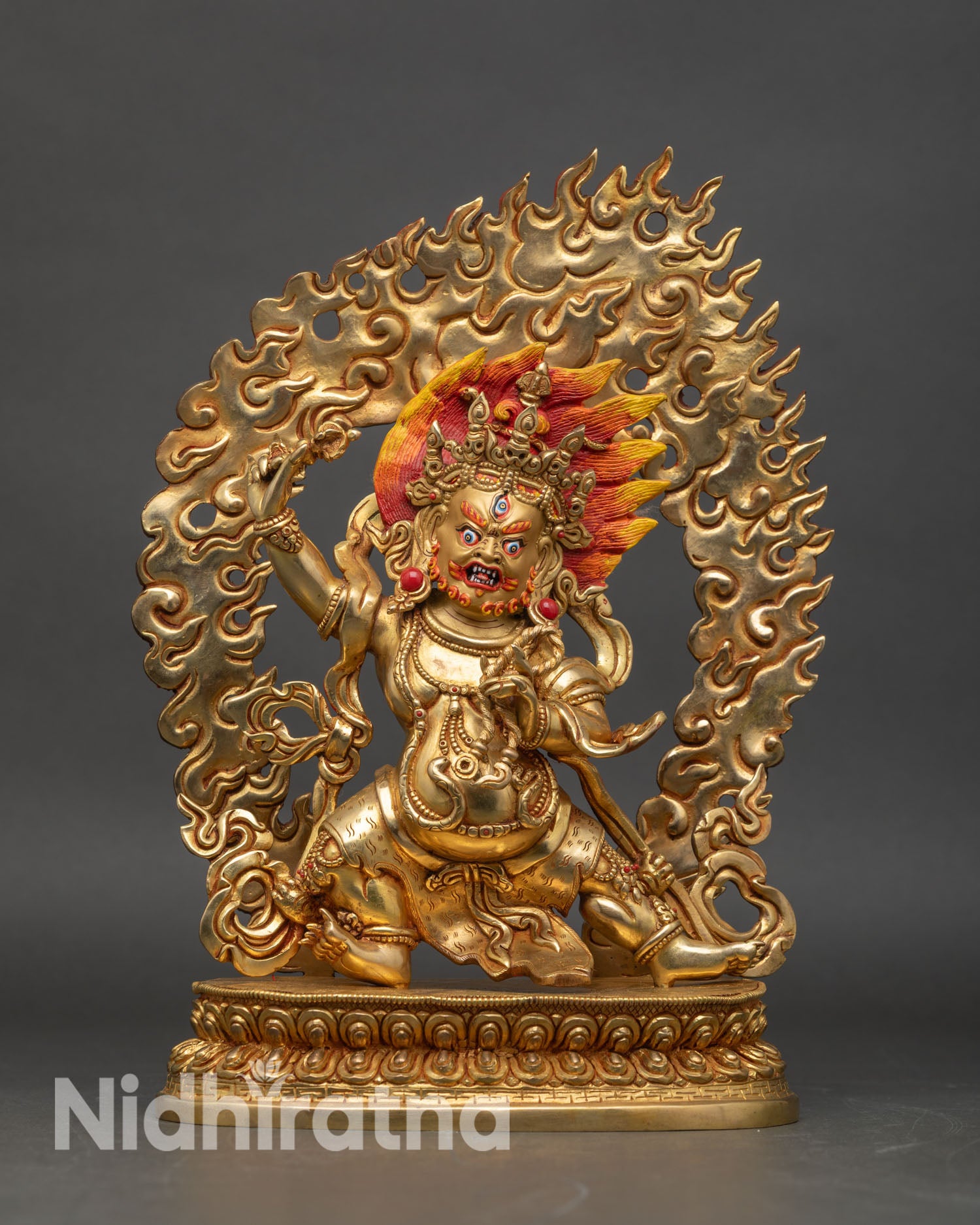 Front view of Vajrapani Statue gold gilded copper Buddhist protector deity Himalayan sculpture