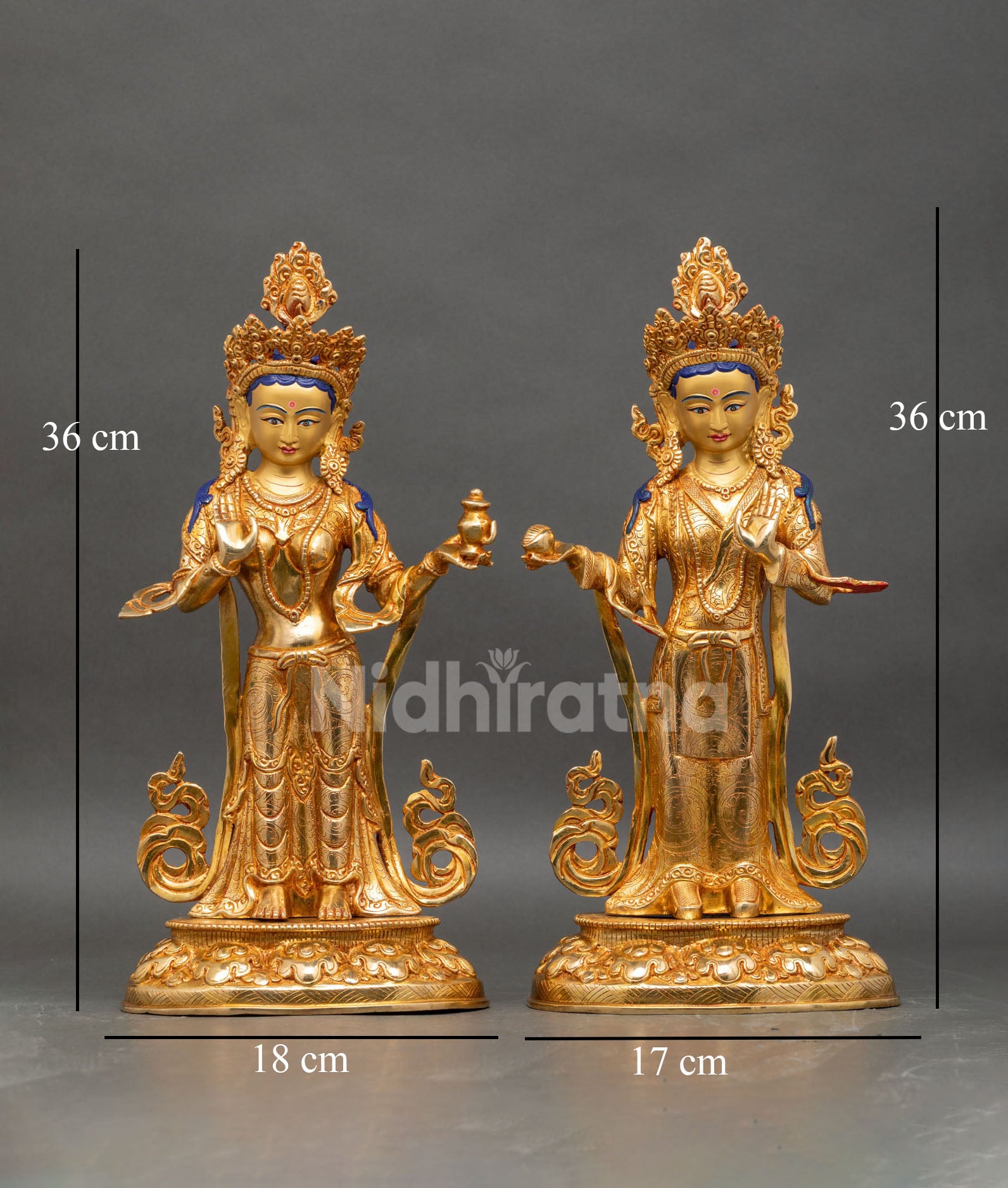 Front view of Yeshe Tsogyal and Mandarava statue set 24K gold gilded copper lotus pedestals