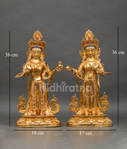 Front view of Yeshe Tsogyal and Mandarava statue set 24K gold gilded copper lotus pedestals