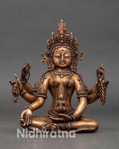 Front view of Six-Armed Vasudhara statue, Nepalese copper and bronze Buddhist art