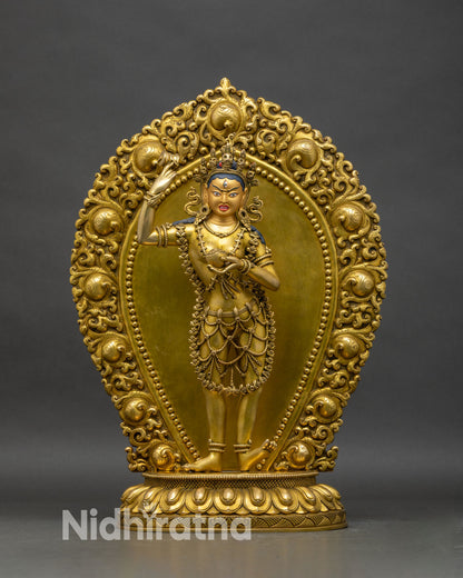 Front view of Standing Achi Chokyi Drolma Statue, copper with 24K gold finish