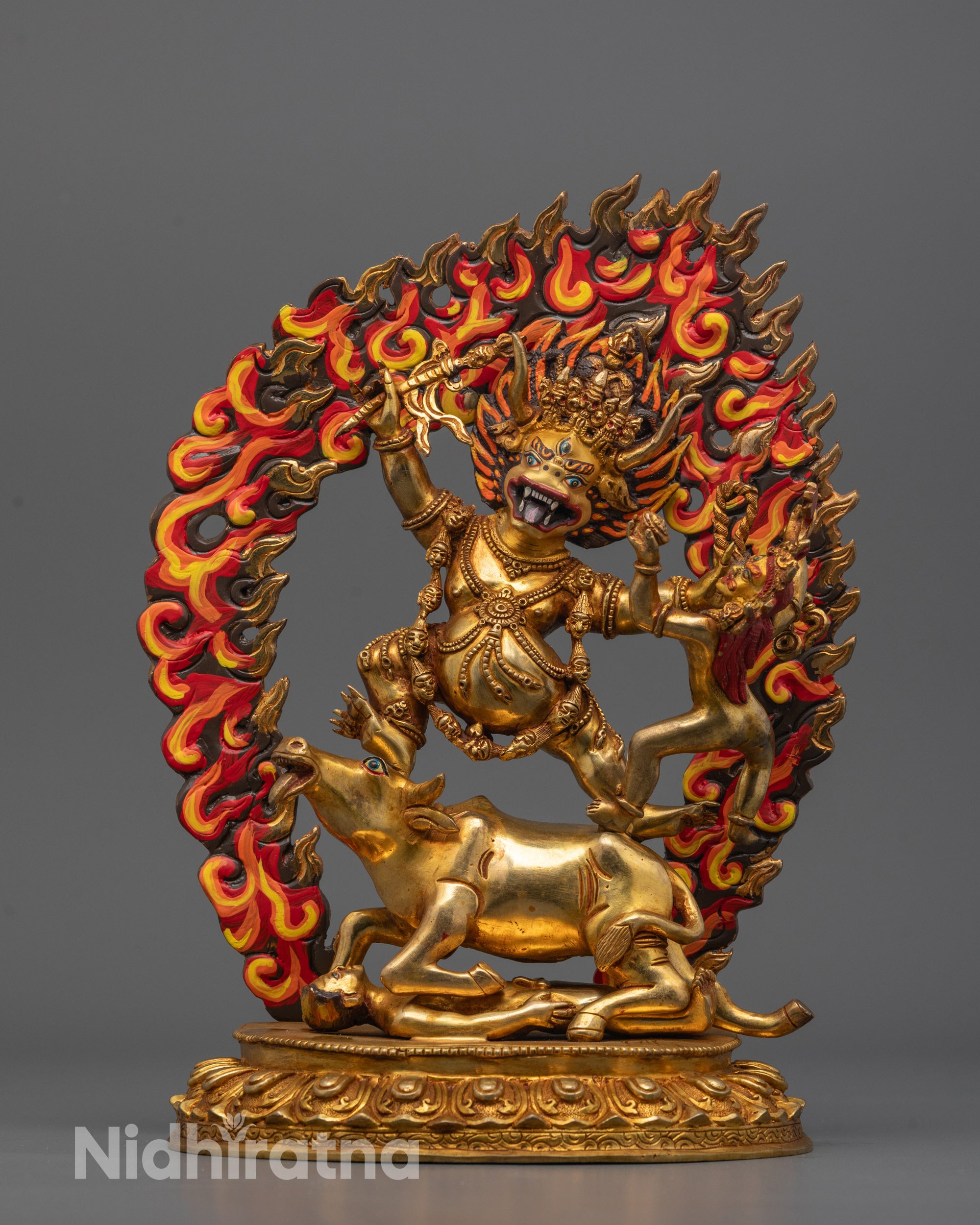 Front-view Hand-Carved Yamantaka Statue Standing on Buffalo with Fiery Halo