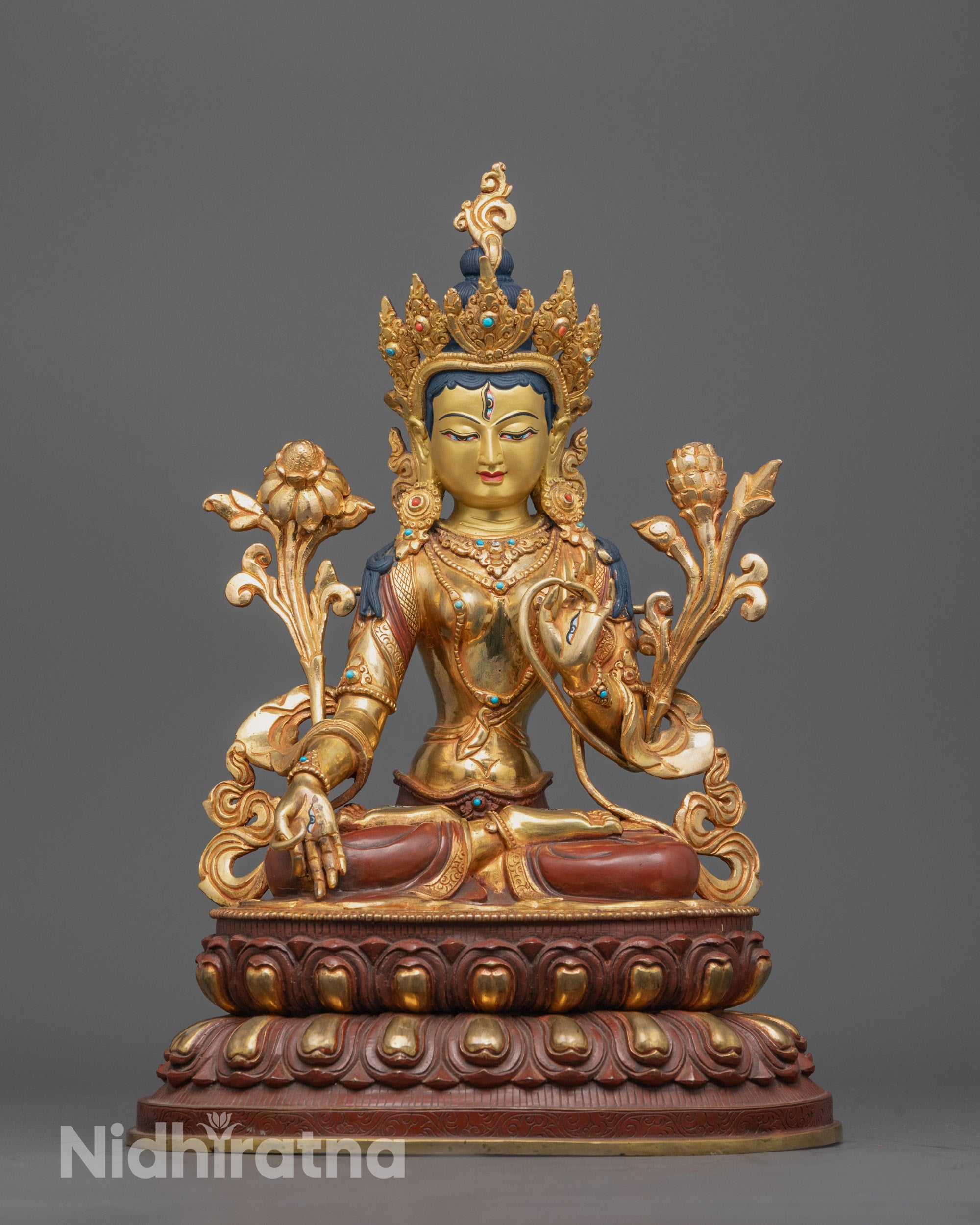 Front-view White Tara Statue seated on double lotus base with seven symbolic eyes