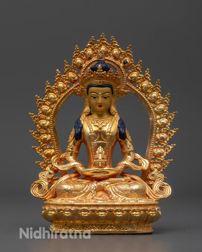 Front-view of Amitayus Buddha statue seated on a lotus base with a kalash in hand