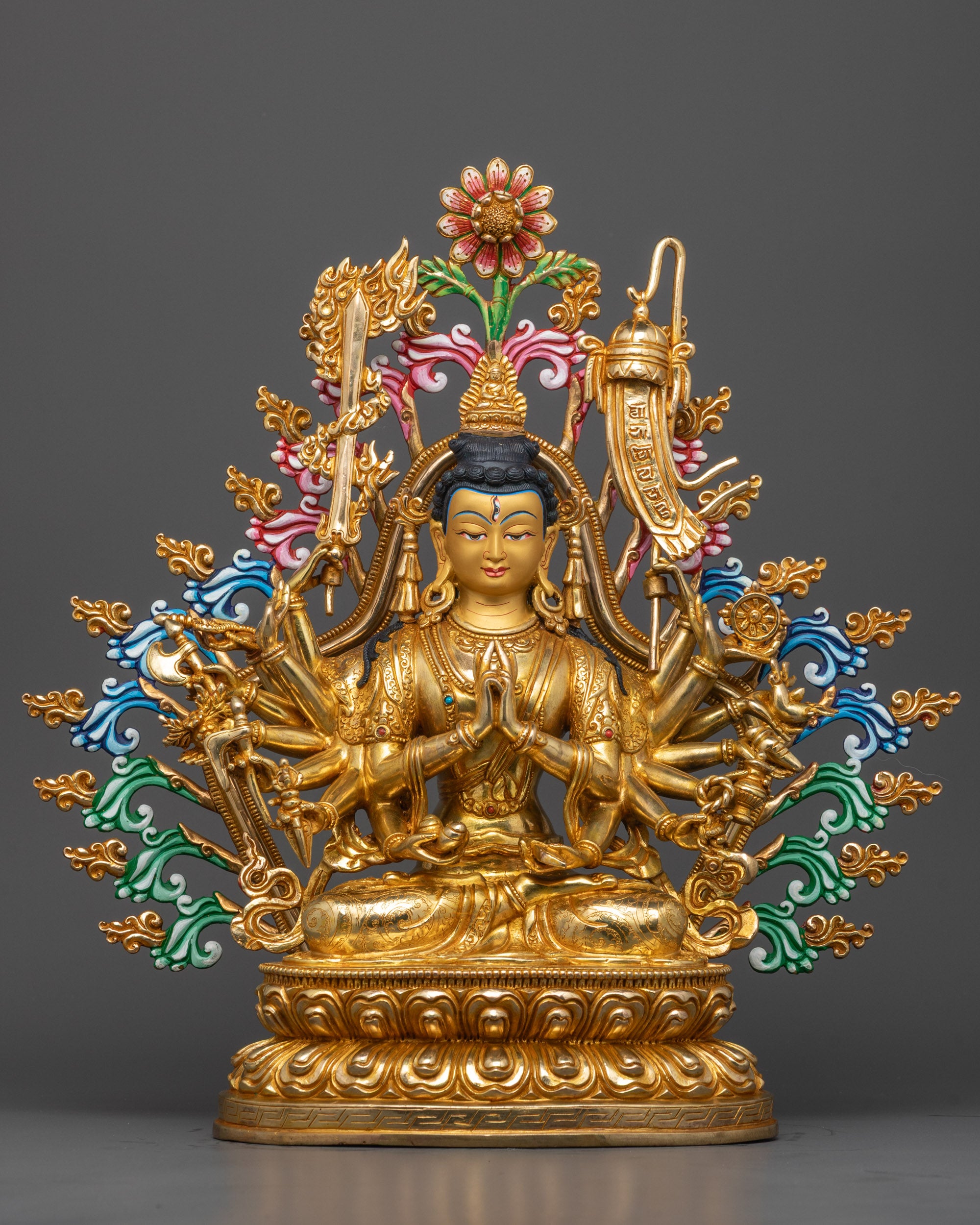 Front-view of Hand-Carved Chundi Devi Statue with Multiple Arms on Lotus Base