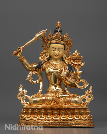 Front-view of Hand-Carved Manjushri Statue with Flaming Sword and Lotus Base
