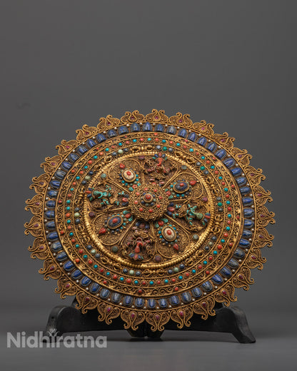 Front-view of Hand-Carved Round Mandala Statue with Gold Plating and Semi-Precious Stones