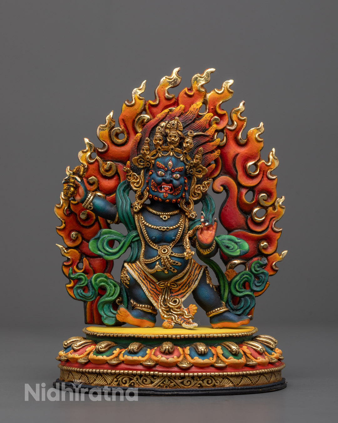 Front-view of Hand-Carved Vajrapani Statue in Wrathful Pose with Copper Base