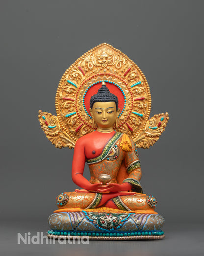 Front-view of Hand-carved Amitabha Buddha statue from Nepal with 24k fire gold gilding