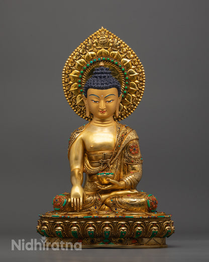 Front-view of Hand-carved Buddha Shakyamuni statue with 24k fire gold gilding