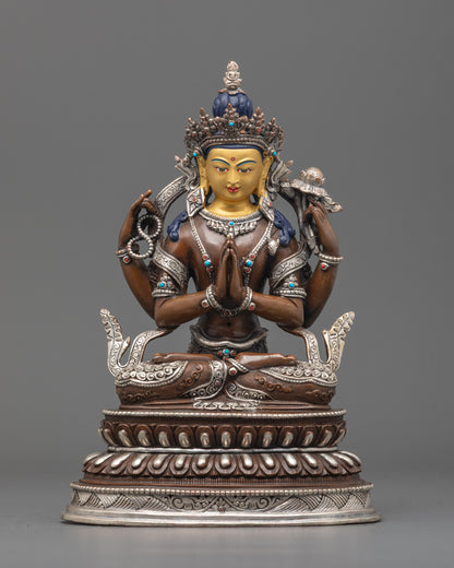 Front-view of Hand-carved Chenrezig statue made of oxidized copper with silver finish