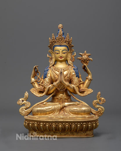 Front-view of Hand-carved Chenrezig statue with 24k gold-gilded face seated on lotus throne