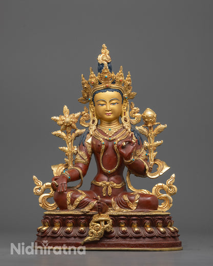 Front-view of Hand-carved Green Tara Sculpture from Nepal with partial 24k gold fire gilding