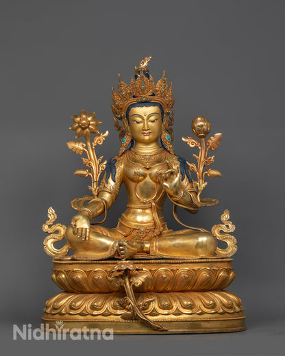 Front-view of Hand-carved Green Tara Statue seated in Varada mudra on a double lotus base