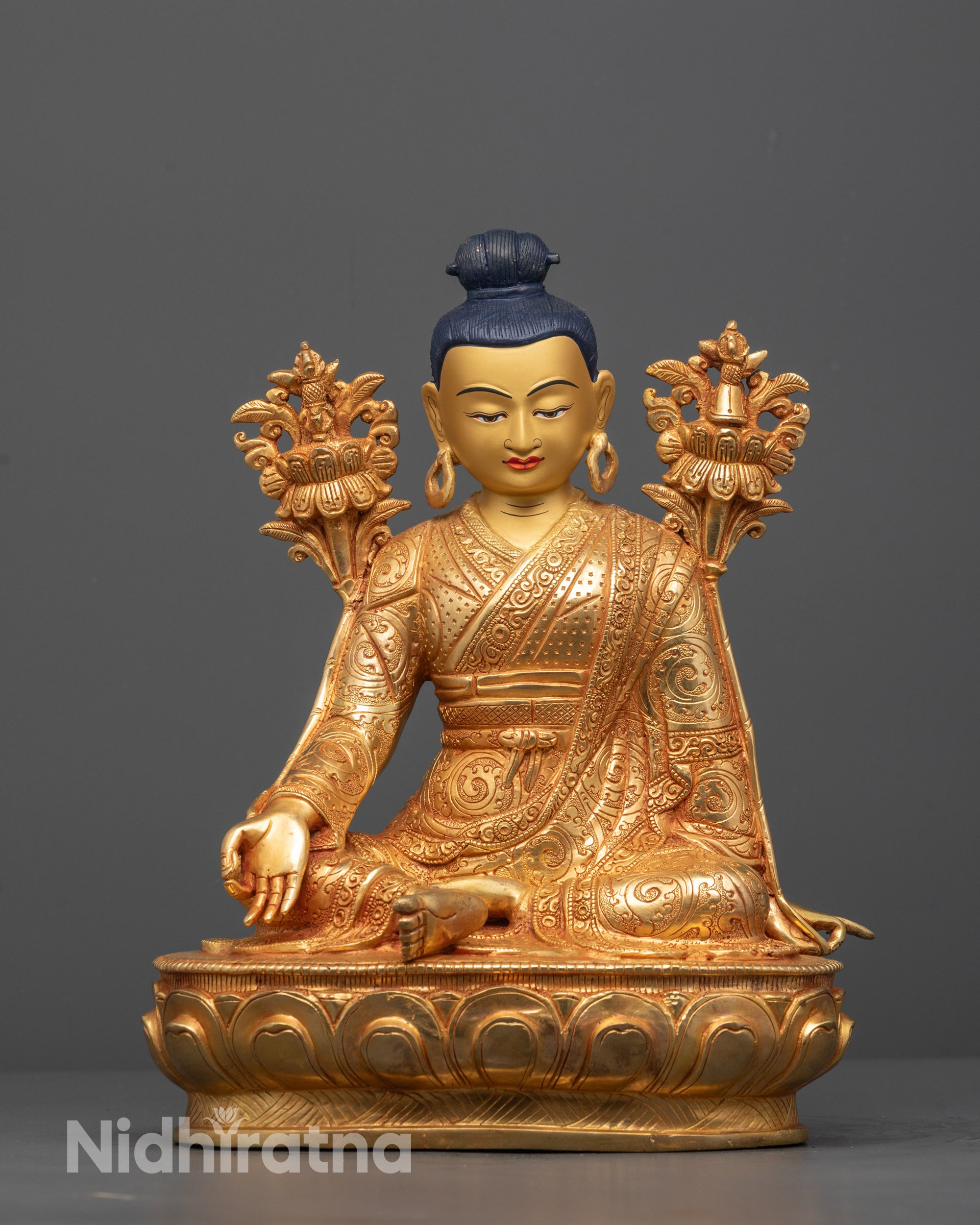 Front-view of Hand-carved Jigme Lingpa Statue from Nepal with 24k gold gilding