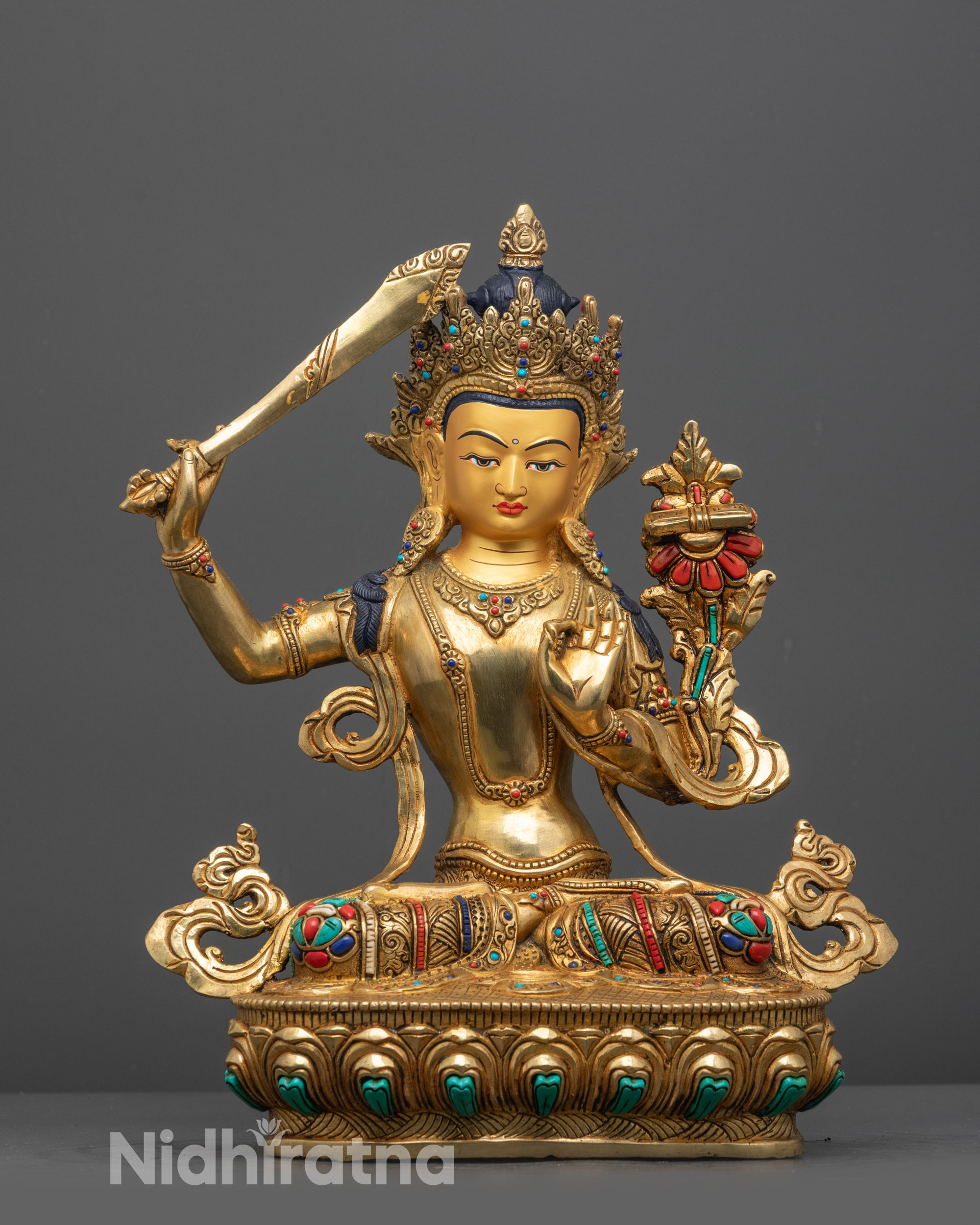 Front-view of Hand-carved Manjushri Statue from Nepal with 24k gold gilding