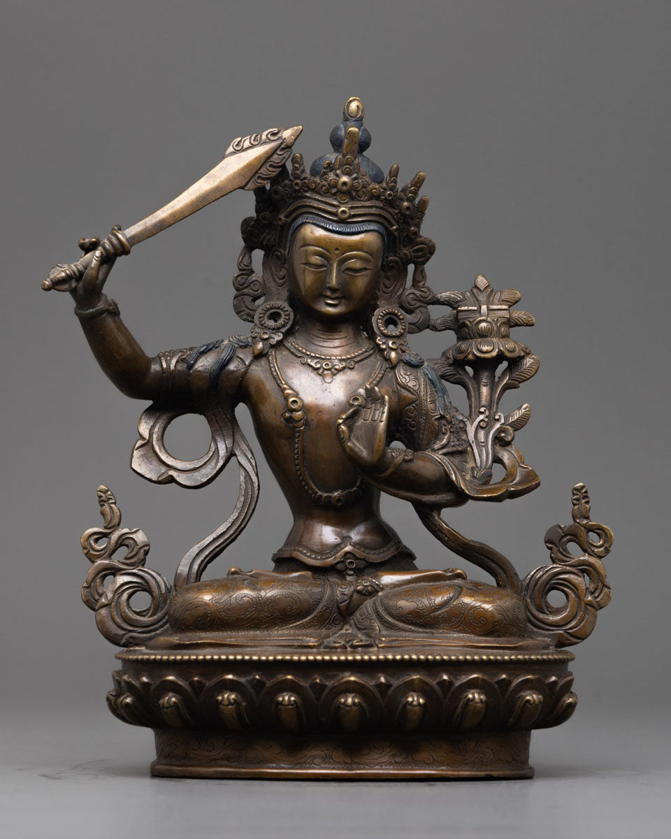 Front-view of Hand-carved Manjushri Statue seated on lotus base holding sword