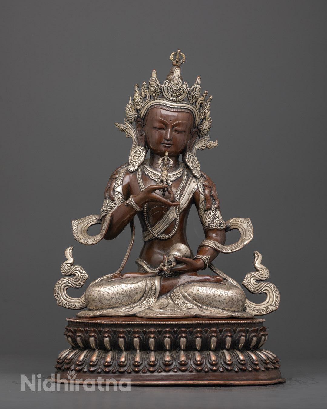 Front-view of Hand-carved Oxidized Copper Vajrasattva Statue with silver-plating,