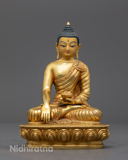 Front-view of Hand-carved Shakyamuni Buddha Sculpture in 24k gold on copper base,