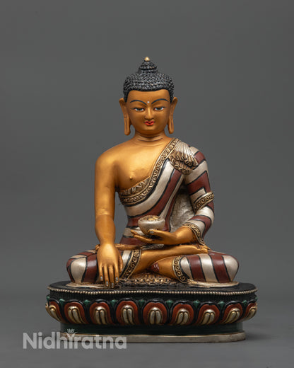 Front-view of Hand-carved Shakyamuni Buddha Statue from Nepal seated on a lotus base