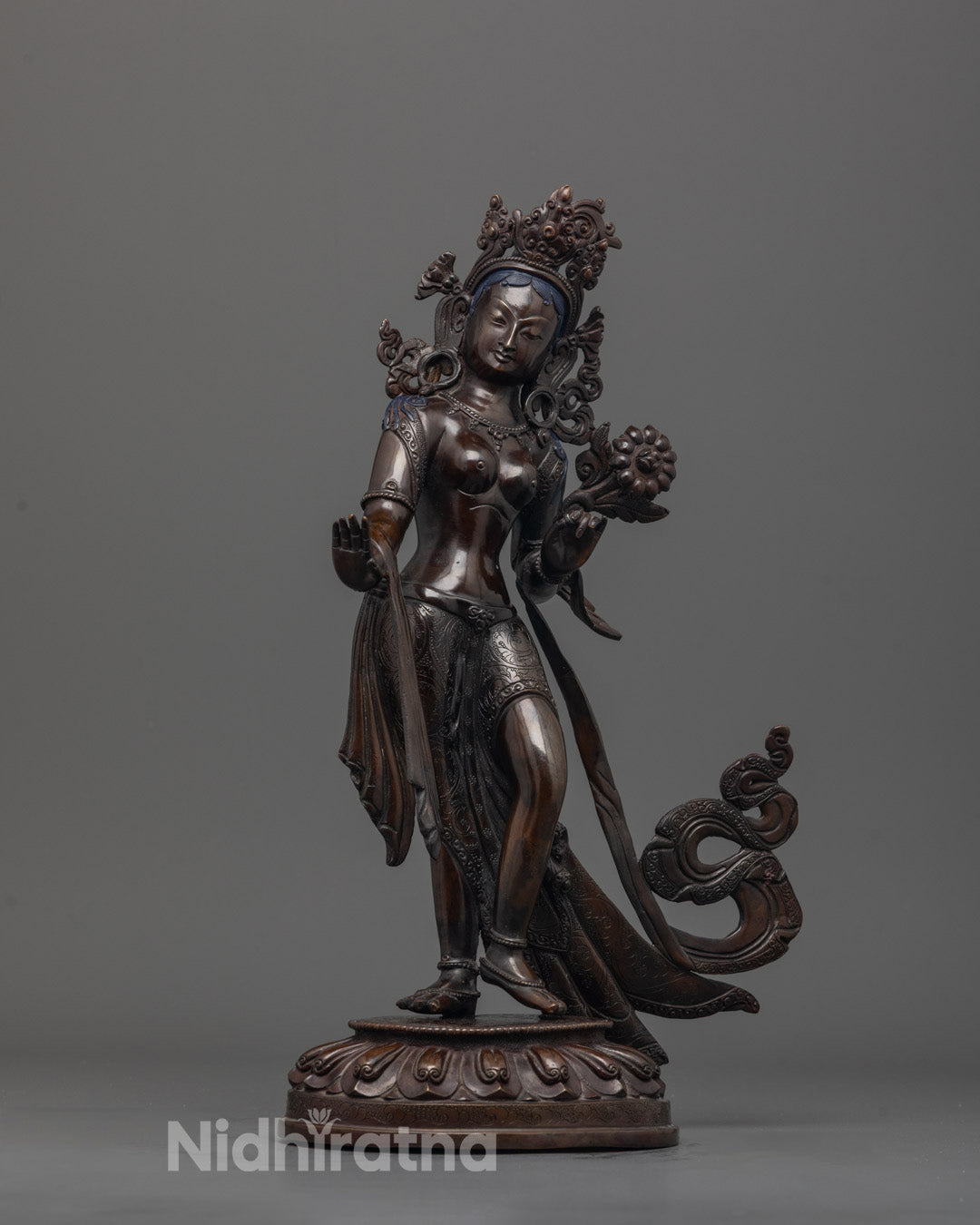 Front-view of Hand-carved Sita Tara Statue in oxidized copper