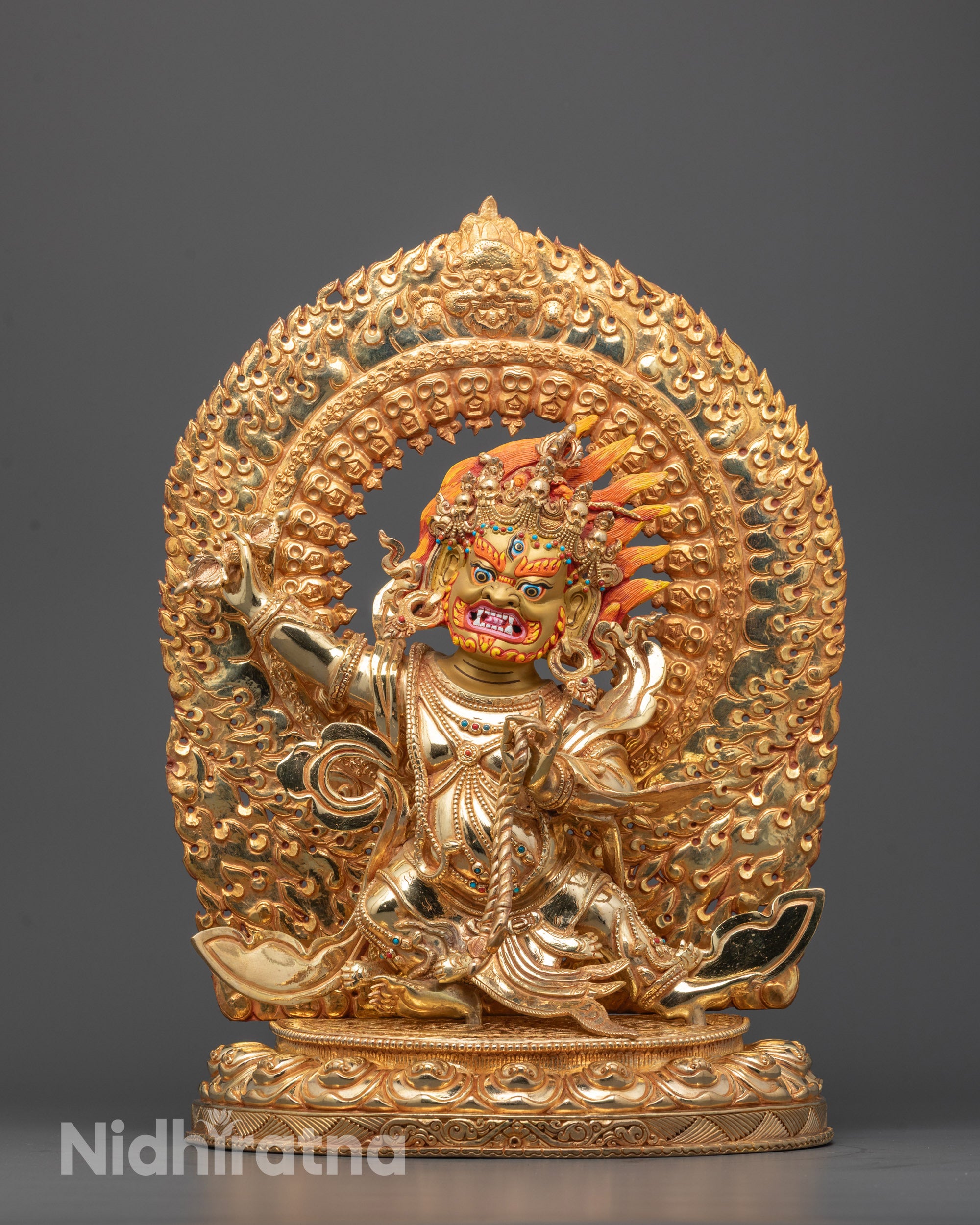 Front-view of Hand-carved Vajrapani Statue standing on a lotus base holding a vajra